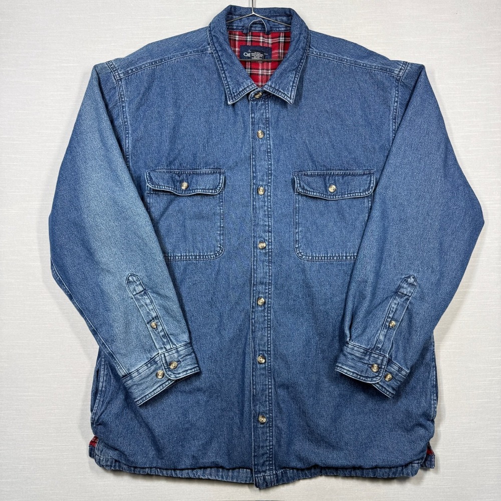 Vintage Cherokee Denim Shirt‎ Jacket Shacket Men XL Blue Plaid Lined Faded Work